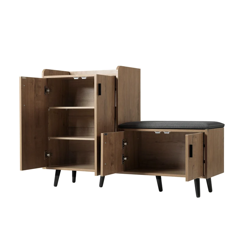 Meuble à chaussures effet bois naturel, 4 portes, banc tissu gris 120x34x82cm ARMOIREAIR
