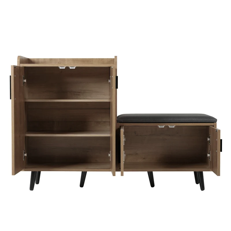 Meuble à chaussures effet bois naturel, 4 portes, banc tissu gris 120x34x82cm ARMOIREAIR