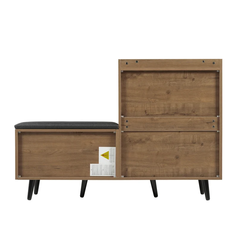Meuble à chaussures effet bois naturel, 4 portes, banc tissu gris 120x34x82cm ARMOIREAIR