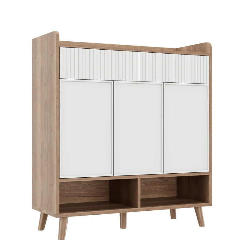 Meuble à chaussures blanc et effet bois, 3 portes, 2 tiroirs 90x35x100cm ALUMINUMCREDENZA