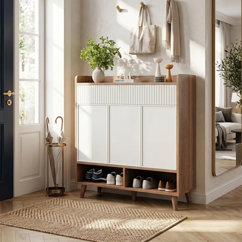 Meuble à chaussures blanc et effet bois, 3 portes, 2 tiroirs 90x35x100cm ALUMINUMCREDENZA