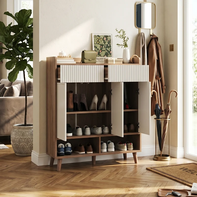 Meuble à chaussures blanc et effet bois, 3 portes, 2 tiroirs 90x35x100cm ALUMINUMCREDENZA
