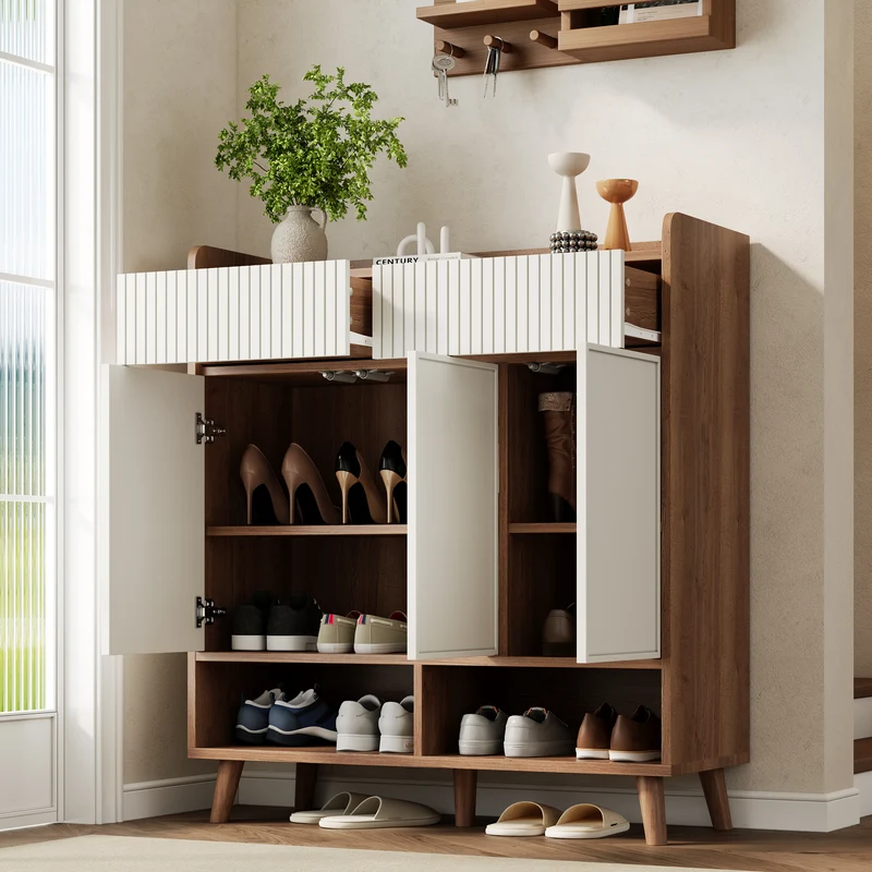 Meuble à chaussures blanc et effet bois, 3 portes, 2 tiroirs 90x35x100cm ALUMINUMCREDENZA