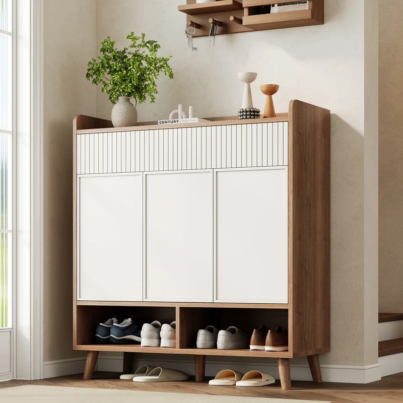 Meuble à chaussures blanc et effet bois, 3 portes, 2 tiroirs 90x35x100cm ALUMINUMCREDENZA