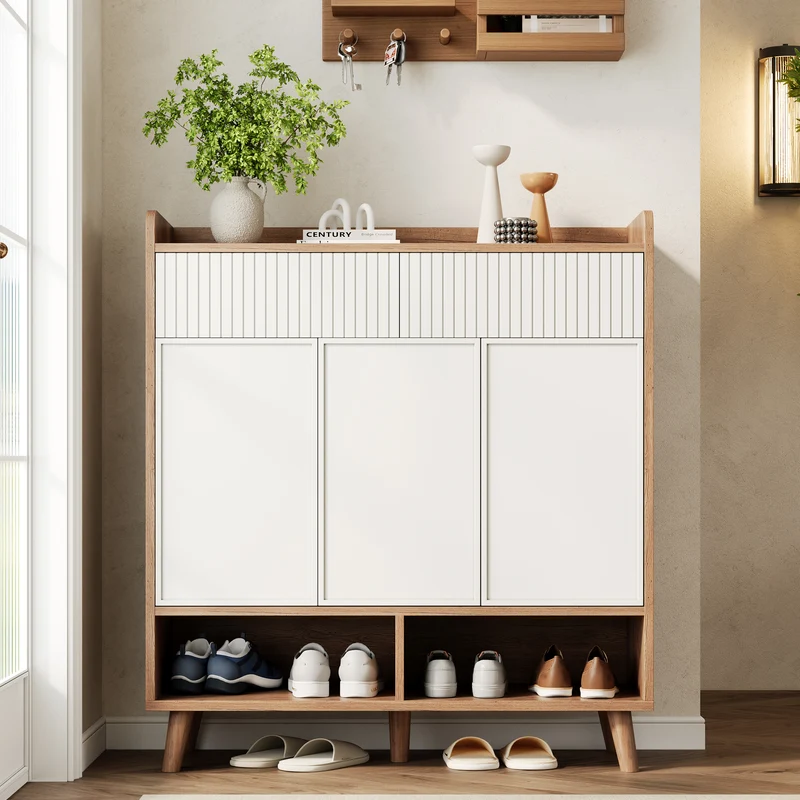 Meuble à chaussures blanc et effet bois, 3 portes, 2 tiroirs 90x35x100cm ALUMINUMCREDENZA