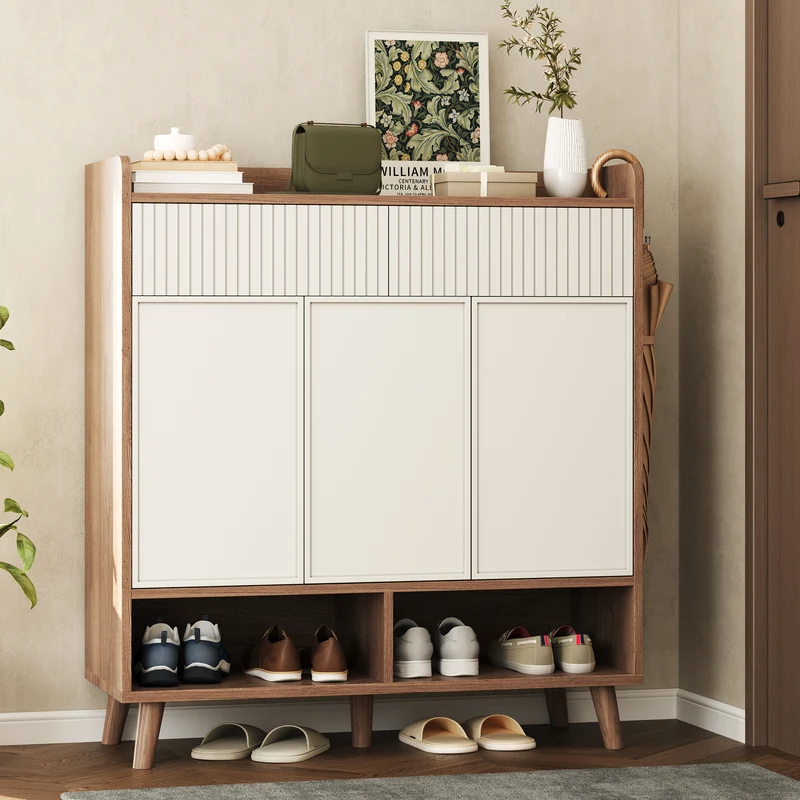 Meuble à chaussures blanc et effet bois, 3 portes, 2 tiroirs 90x35x100cm ALUMINUMCREDENZA
