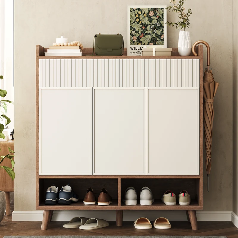 Meuble à chaussures blanc et effet bois, 3 portes, 2 tiroirs 90x35x100cm ALUMINUMCREDENZA