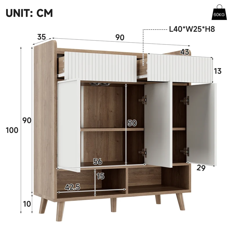 Meuble à chaussures blanc et effet bois, 3 portes, 2 tiroirs 90x35x100cm ALUMINUMCREDENZA