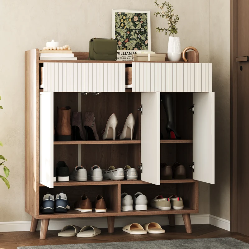 Meuble à chaussures blanc et effet bois, 3 portes, 2 tiroirs 90x35x100cm ALUMINUMCREDENZA