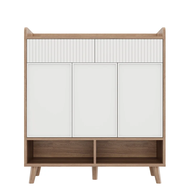 Meuble à chaussures blanc et effet bois, 3 portes, 2 tiroirs 90x35x100cm ALUMINUMCREDENZA