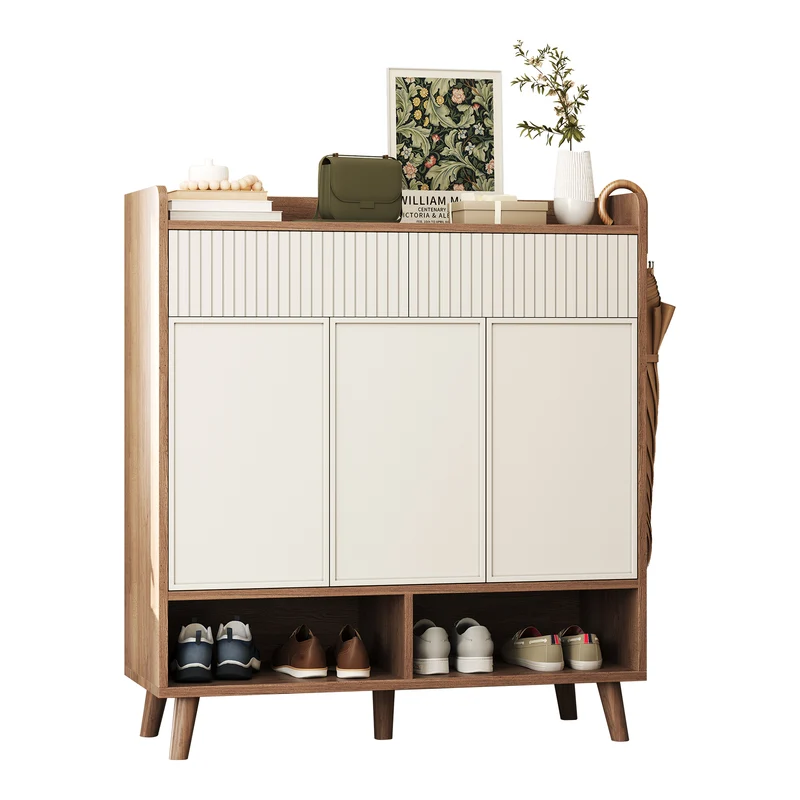 Meuble à chaussures blanc et effet bois, 3 portes, 2 tiroirs 90x35x100cm ALUMINUMCREDENZA