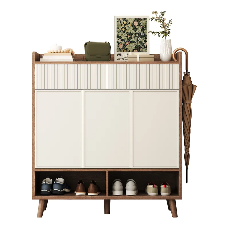 Meuble à chaussures blanc et effet bois, 3 portes, 2 tiroirs 90x35x100cm ALUMINUMCREDENZA