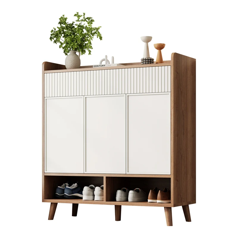 Meuble à chaussures blanc et effet bois, 3 portes, 2 tiroirs 90x35x100cm ALUMINUMCREDENZA