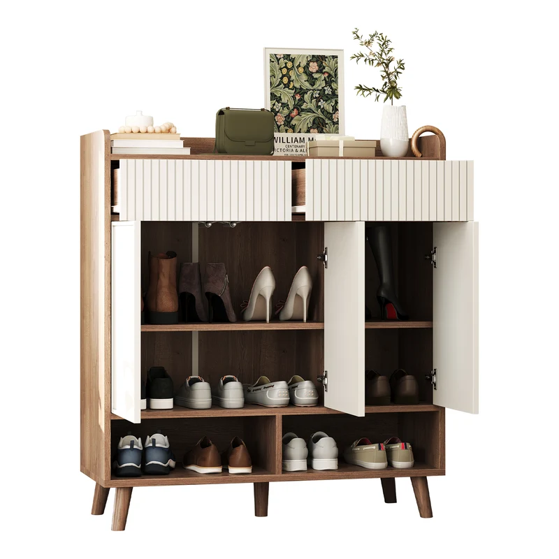 Meuble à chaussures blanc et effet bois, 3 portes, 2 tiroirs 90x35x100cm ALUMINUMCREDENZA