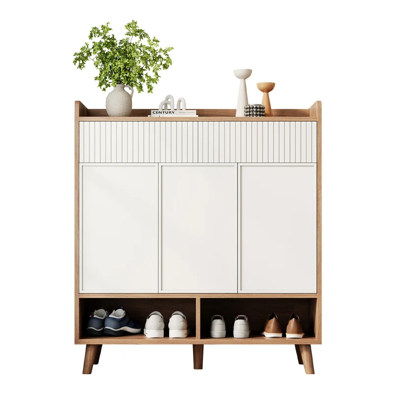 Meuble à chaussures blanc et effet bois, 3 portes, 2 tiroirs 90x35x100cm ALUMINUMCREDENZA