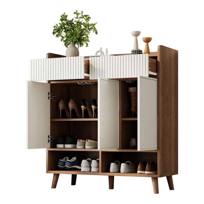 Meuble à chaussures blanc et effet bois, 3 portes, 2 tiroirs 90x35x100cm ALUMINUMCREDENZA