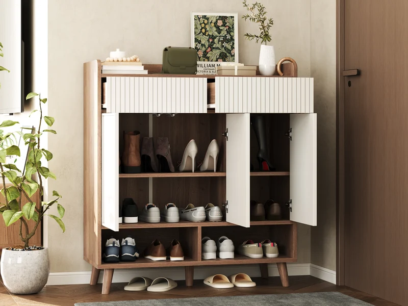 Meuble à chaussures blanc et effet bois, 3 portes, 2 tiroirs 90x35x100cm ALUMINUMCREDENZA