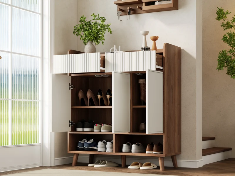 Meuble à chaussures blanc et effet bois, 3 portes, 2 tiroirs 90x35x100cm ALUMINUMCREDENZA