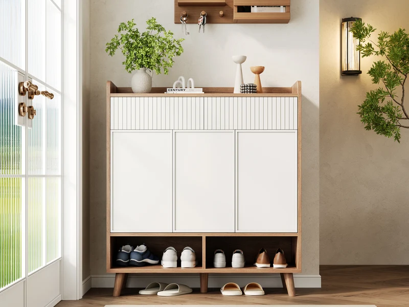 Meuble à chaussures blanc et effet bois, 3 portes, 2 tiroirs 90x35x100cm ALUMINUMCREDENZA