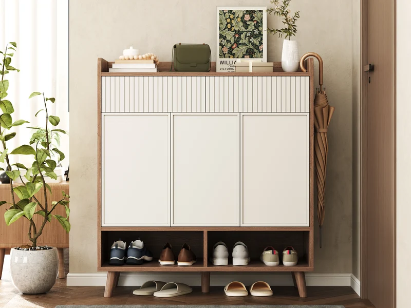 Meuble à chaussures blanc et effet bois, 3 portes, 2 tiroirs 90x35x100cm ALUMINUMCREDENZA