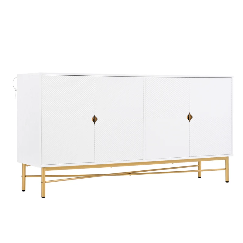 Buffet blanc motifs striés géométriques 4 portes, pieds dorés ALUMINUMBOX