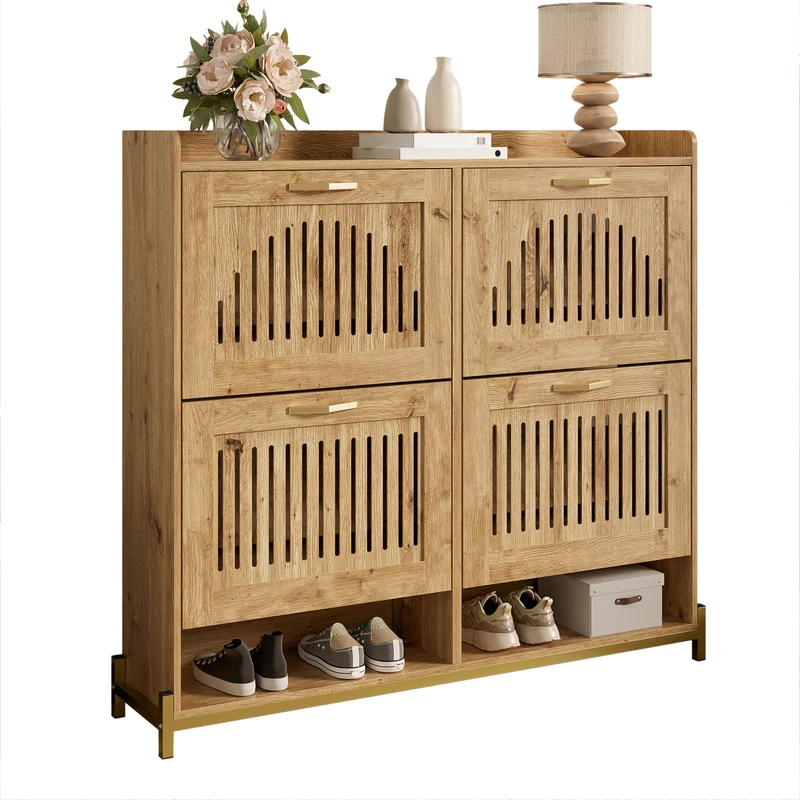 Meuble à chaussures moderne en bois MDF, 108,5 cm, 4 portes à lattes, style contemporain POTASHGRAIN