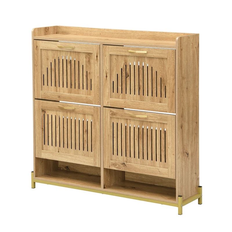 Meuble à chaussures moderne en bois MDF, 108,5 cm, 4 portes à lattes, style contemporain POTASHGRAIN