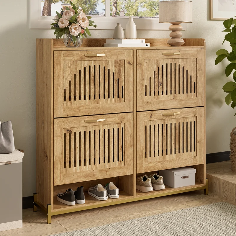 Meuble à chaussures moderne en bois MDF, 108,5 cm, 4 portes à lattes, style contemporain POTASHGRAIN