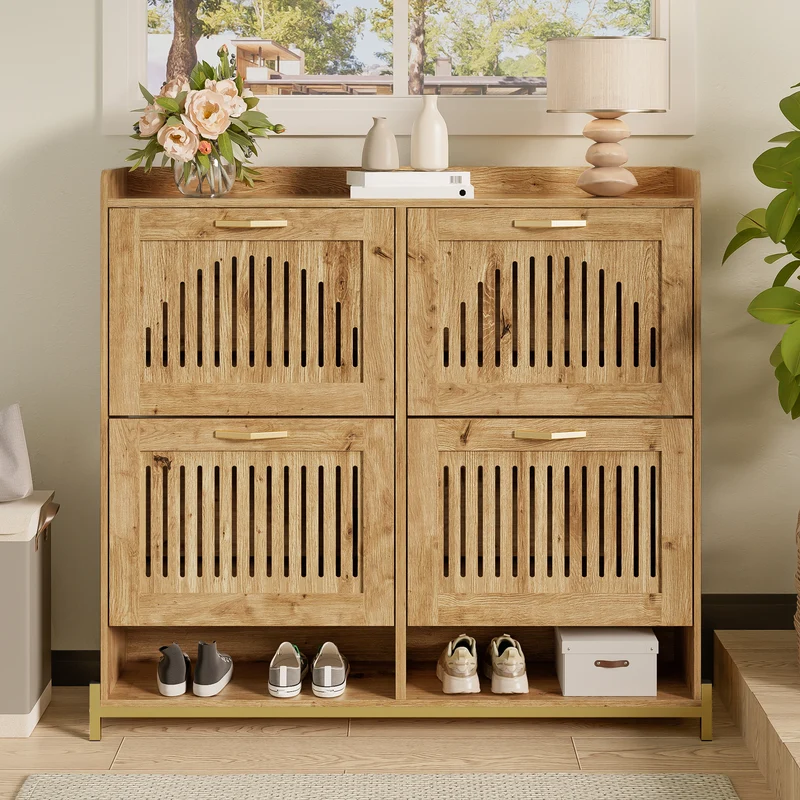 Meuble à chaussures moderne en bois MDF, 108,5 cm, 4 portes à lattes, style contemporain POTASHGRAIN