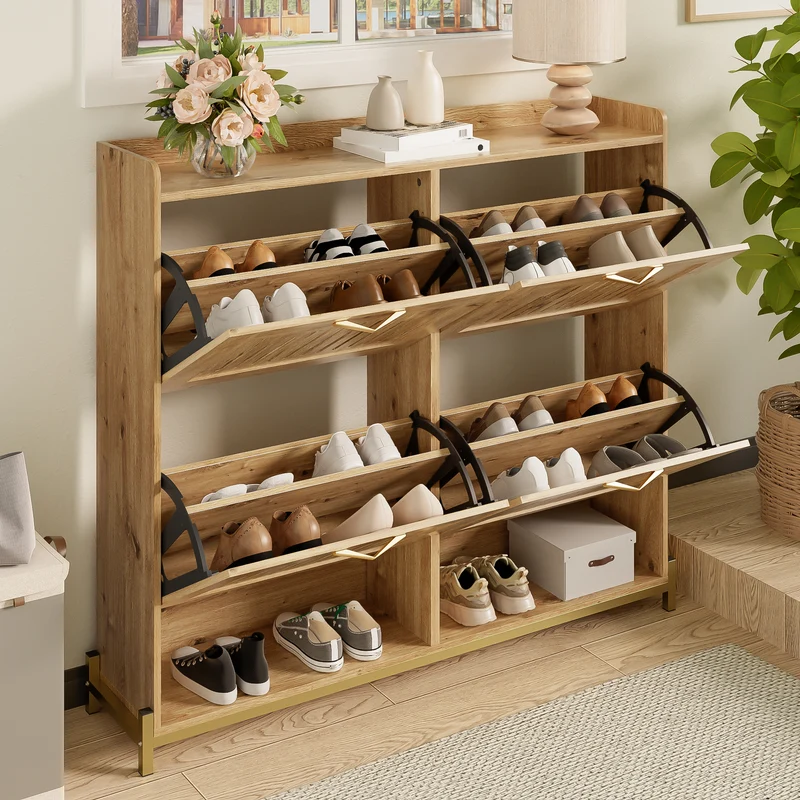 Meuble à chaussures moderne en bois MDF, 108,5 cm, 4 portes à lattes, style contemporain POTASHGRAIN