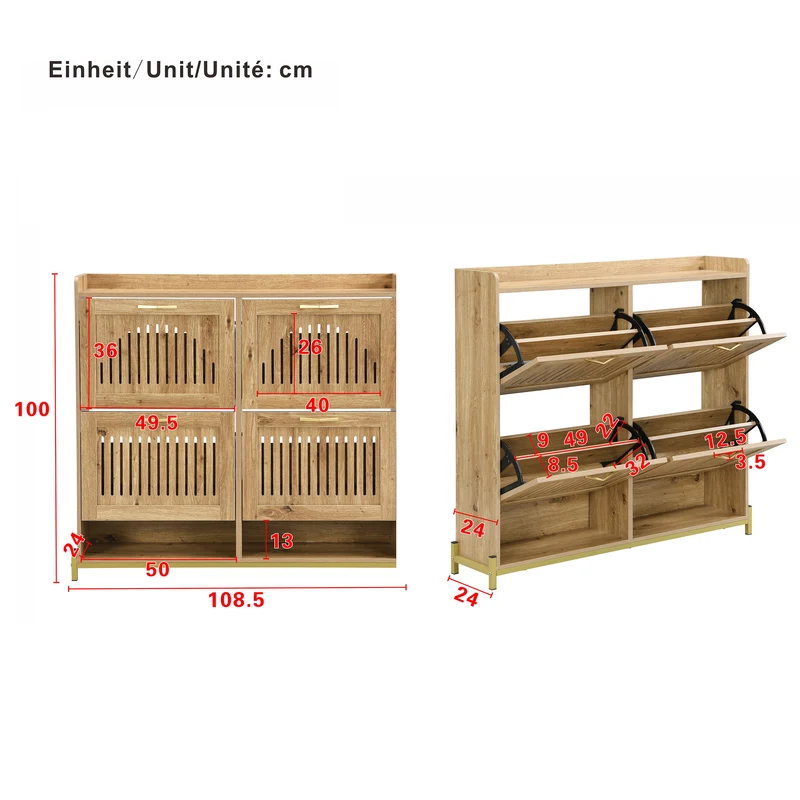 Meuble à chaussures moderne en bois MDF, 108,5 cm, 4 portes à lattes, style contemporain POTASHGRAIN