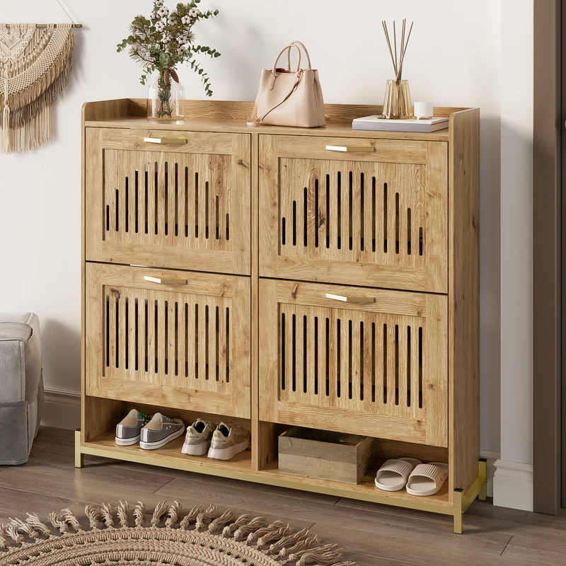 Meuble à chaussures moderne en bois MDF, 108,5 cm, 4 portes à lattes, style contemporain POTASHGRAIN