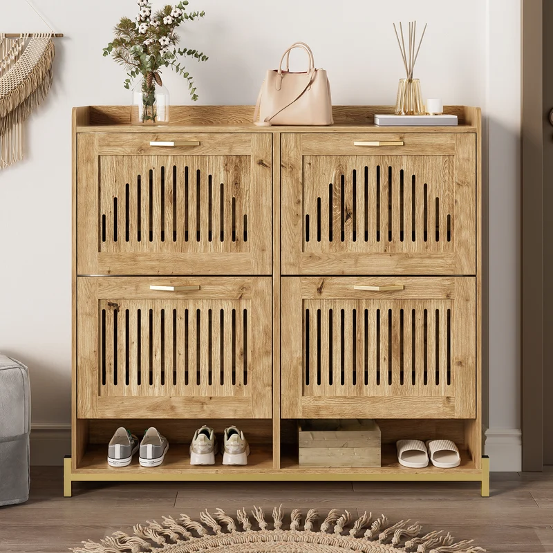 Meuble à chaussures moderne en bois MDF, 108,5 cm, 4 portes à lattes, style contemporain POTASHGRAIN