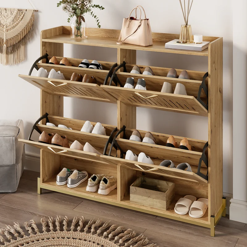 Meuble à chaussures moderne en bois MDF, 108,5 cm, 4 portes à lattes, style contemporain POTASHGRAIN