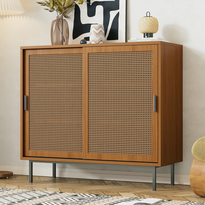 Buffet effet bois 2 portes coulissantes en rotin L100/H90/P37cm VISIENS