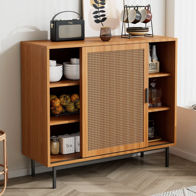 Buffet effet bois 2 portes coulissantes en rotin L100/H90/P37cm VISIENS