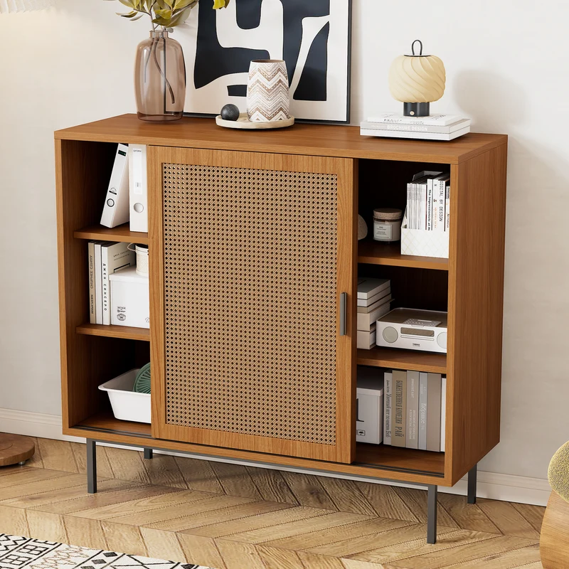 Buffet effet bois 2 portes coulissantes en rotin L100/H90/P37cm VISIENS