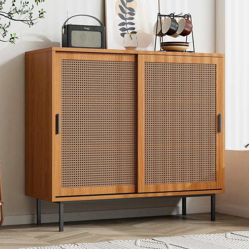 Buffet effet bois 2 portes coulissantes en rotin L100/H90/P37cm VISIENS