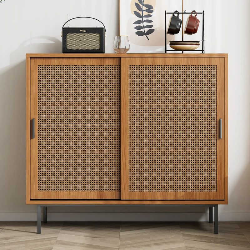 Buffet effet bois 2 portes coulissantes en rotin L100/H90/P37cm VISIENS