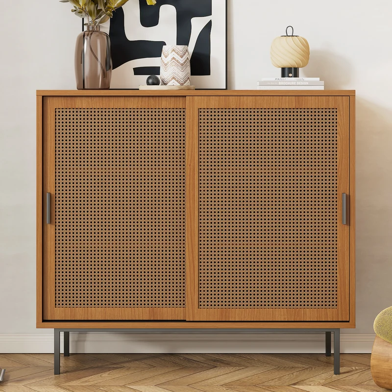 Buffet effet bois 2 portes coulissantes en rotin L100/H90/P37cm VISIENS