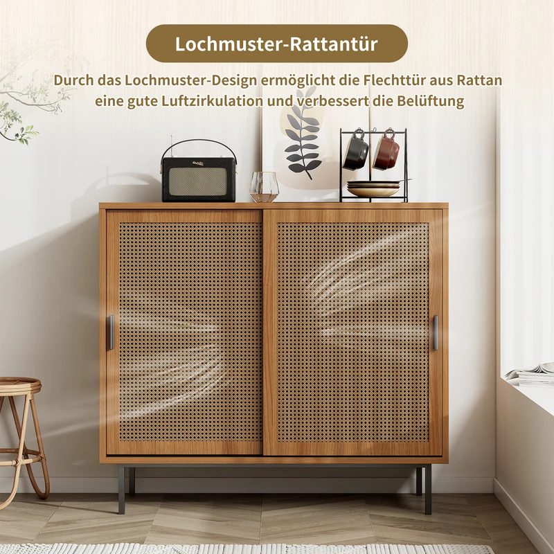 Buffet effet bois 2 portes coulissantes en rotin L100/H90/P37cm VISIENS