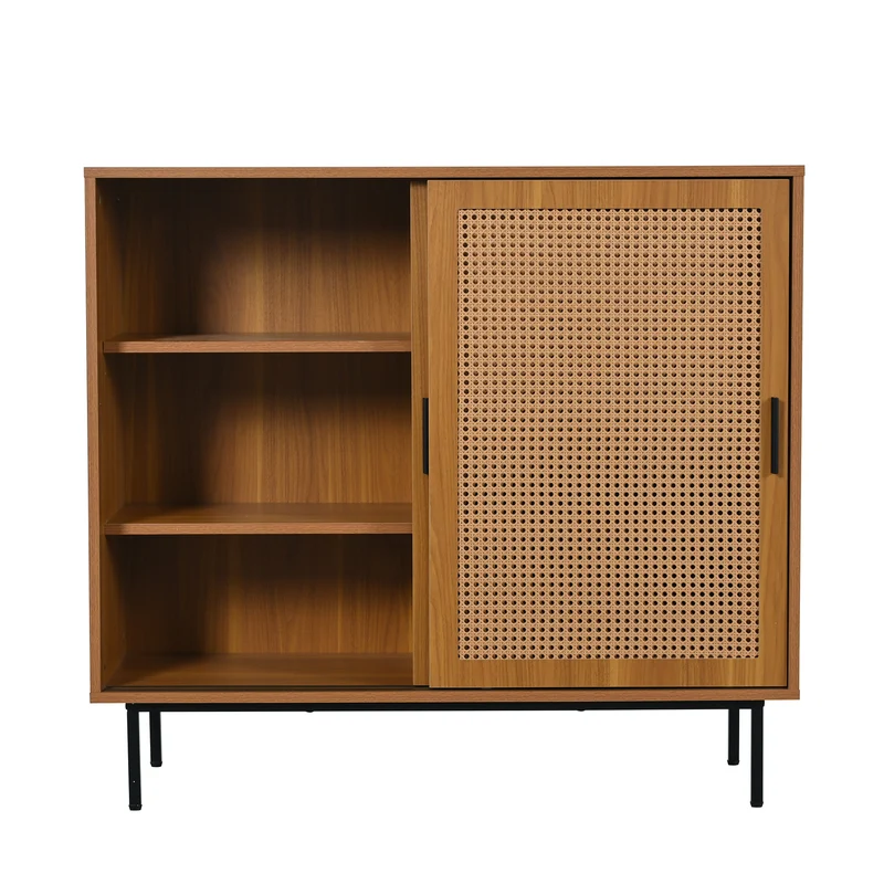 Buffet effet bois 2 portes coulissantes en rotin L100/H90/P37cm VISIENS
