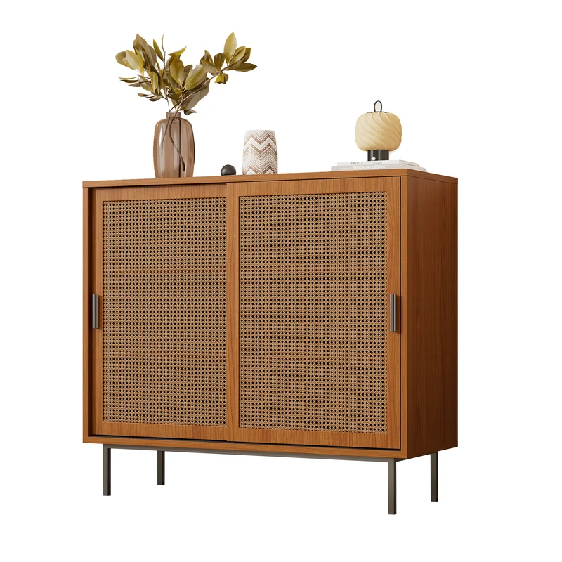 Buffet effet bois 2 portes coulissantes en rotin L100/H90/P37cm VISIENS
