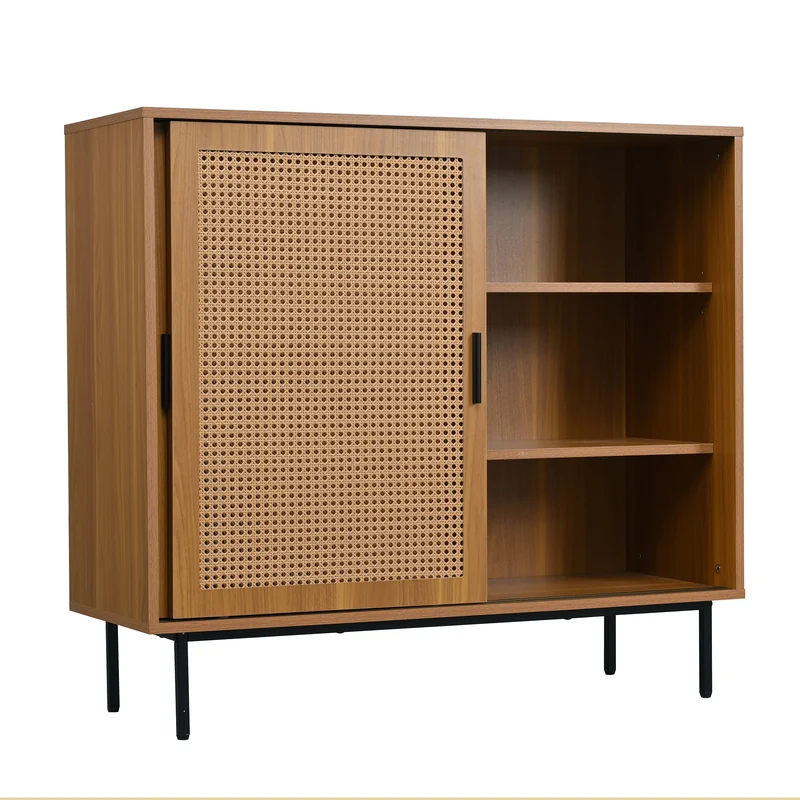 Buffet effet bois 2 portes coulissantes en rotin L100/H90/P37cm VISIENS