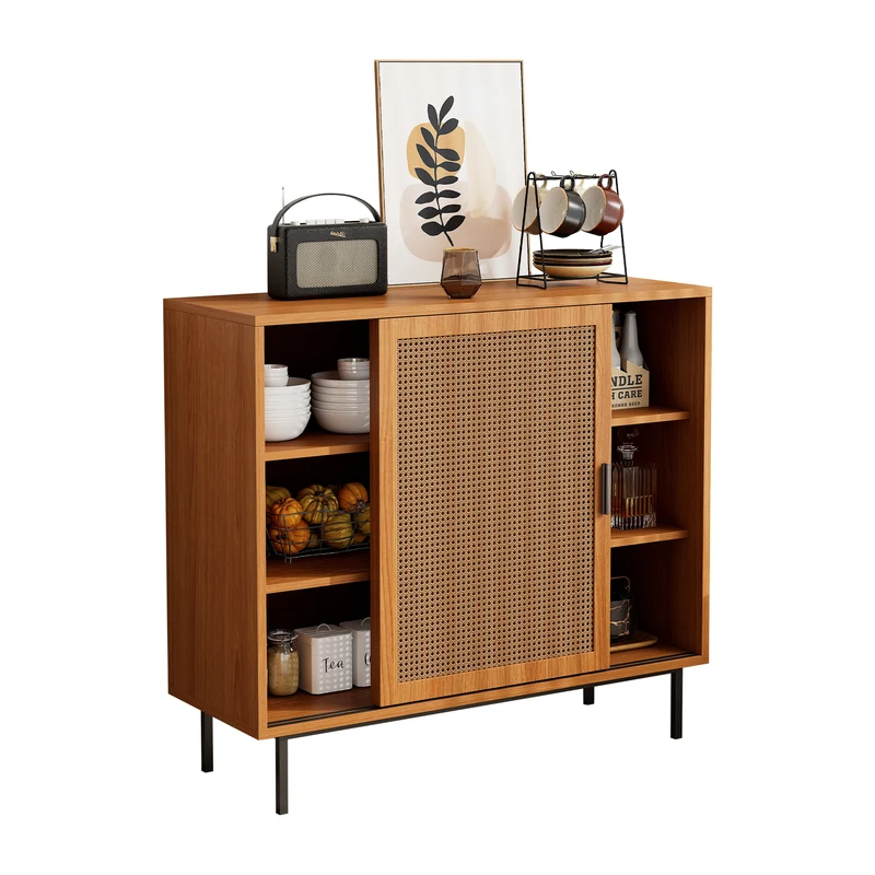 Buffet effet bois 2 portes coulissantes en rotin L100/H90/P37cm VISIENS