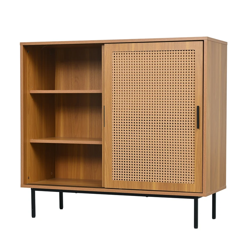 Buffet effet bois 2 portes coulissantes en rotin L100/H90/P37cm VISIENS