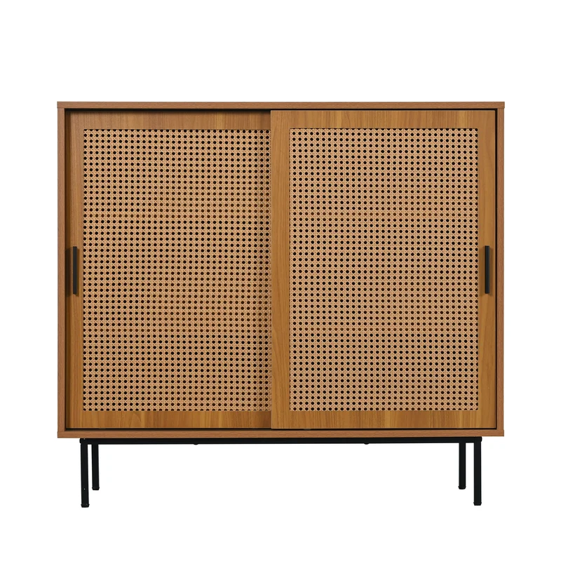 Buffet effet bois 2 portes coulissantes en rotin L100/H90/P37cm VISIENS