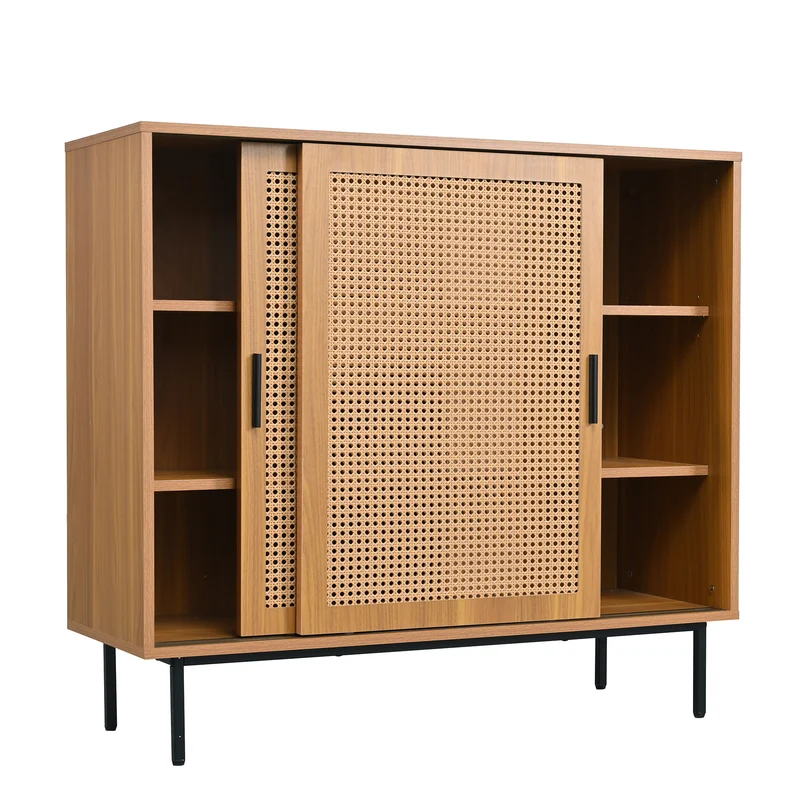 Buffet effet bois 2 portes coulissantes en rotin L100/H90/P37cm VISIENS