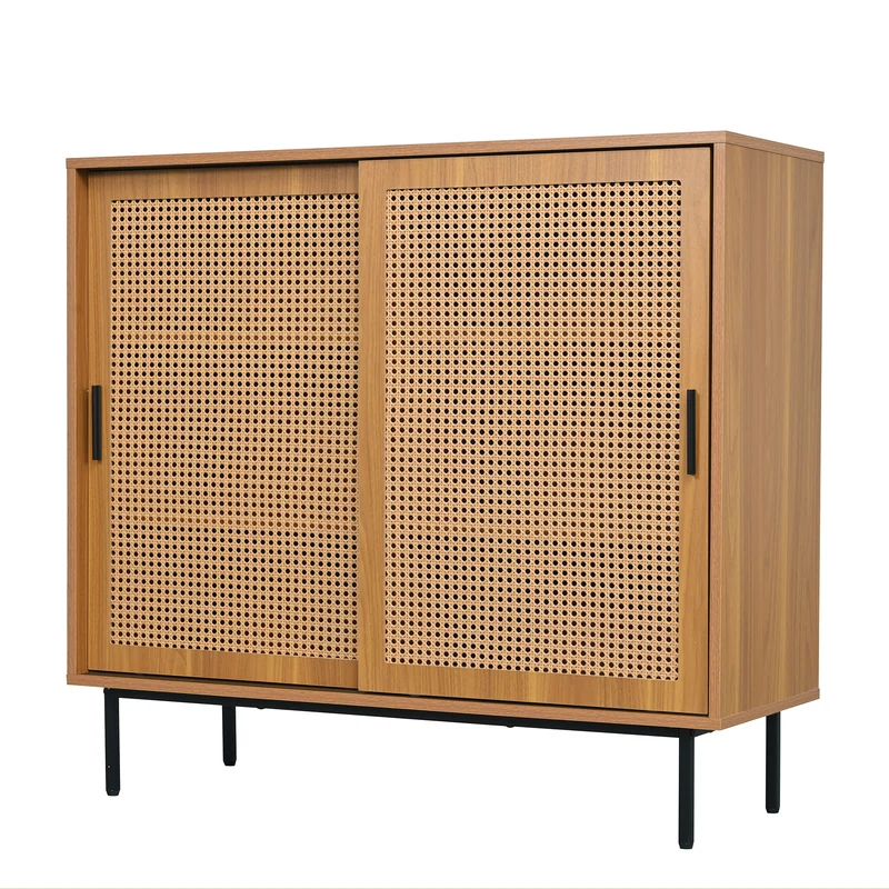 Buffet effet bois 2 portes coulissantes en rotin L100/H90/P37cm VISIENS