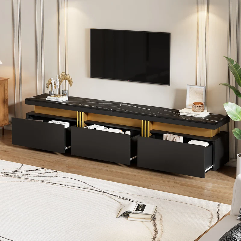 Meuble TV moderne noir doré effet marbre avec trois tiroirs 200x40x42cm THENZOIR BLACK